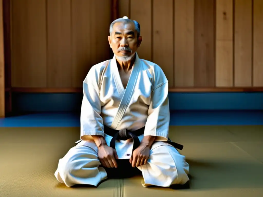 Jigoro Kano muestra técnicas de Judo en un dojo tradicional, transmitiendo su maestría y conexión con el arte marcial