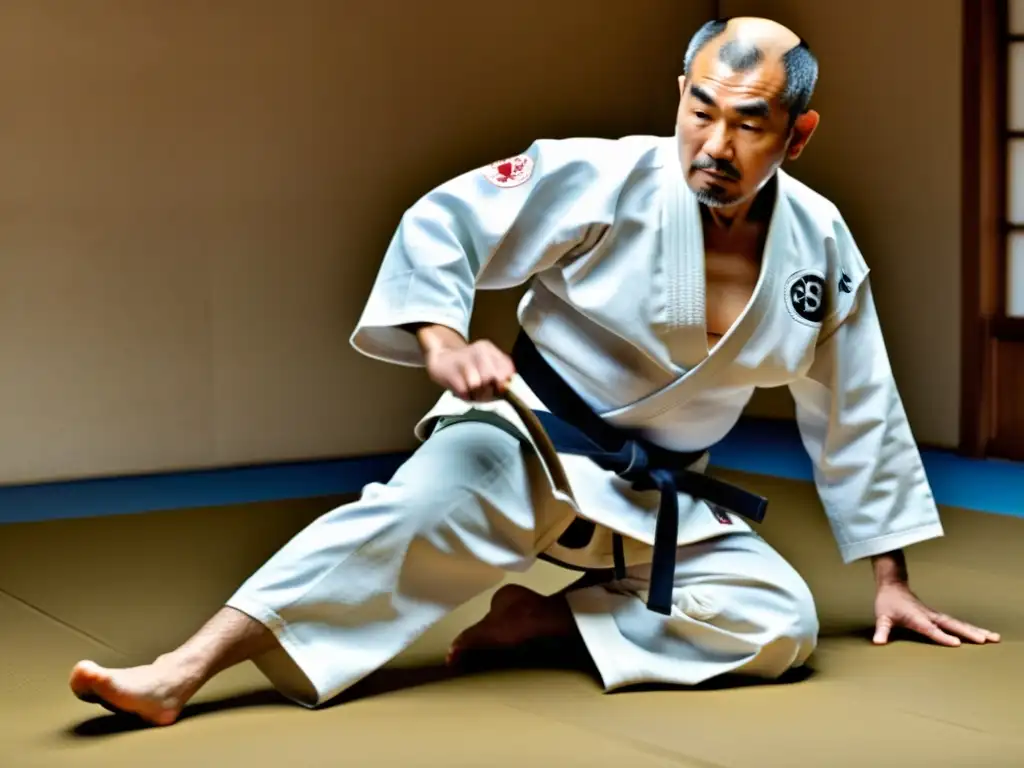 Jigoro Kano demostrando técnicas de Judo con gracia y precisión en un dojo tradicional