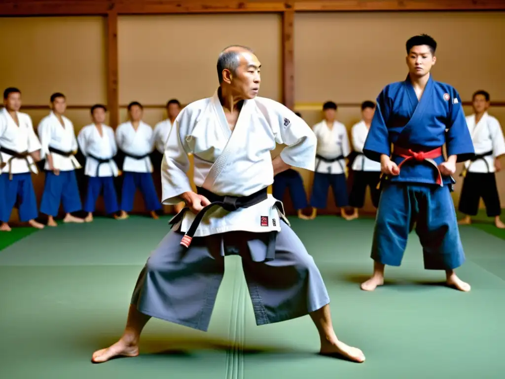 Jigoro Kano demostrando técnicas de Judo en un dojo tradicional japonés, estudiantes atentos observando