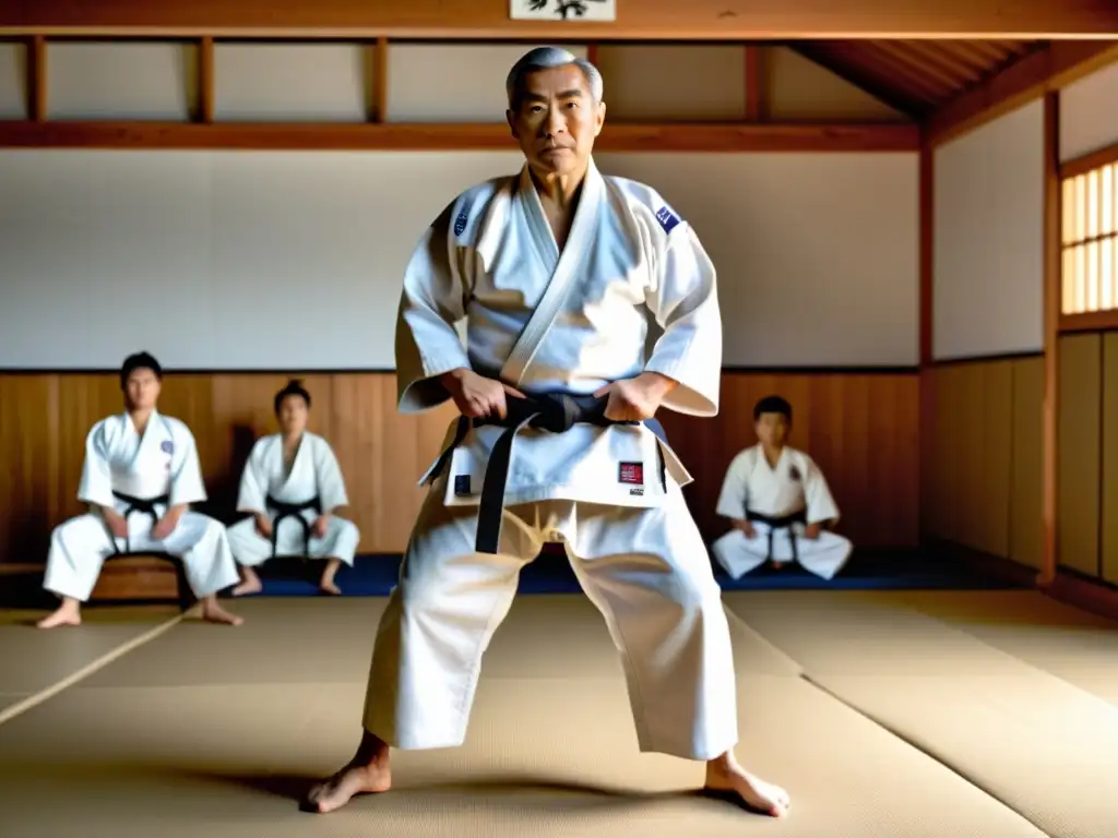 Jigoro Kano demuestra técnicas de Judo en un dojo tradicional, rodeado de estudiantes atentos