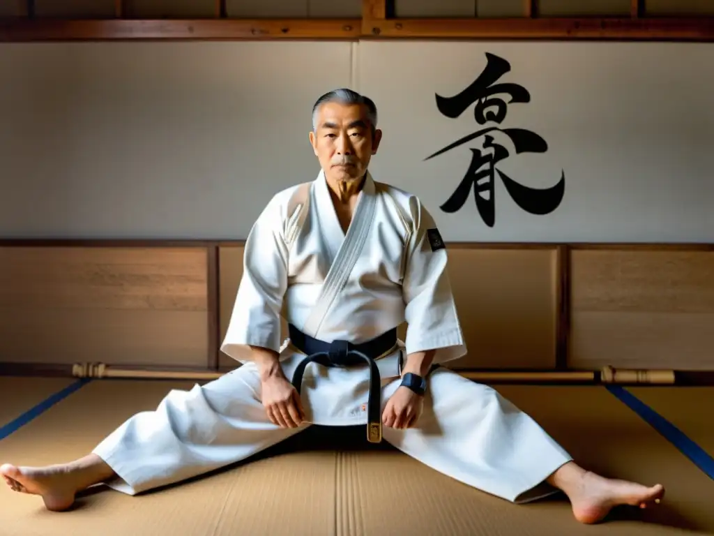 Jigoro Kano demostrando técnicas de Judo en un dojo tradicional, irradiando maestría y determinación