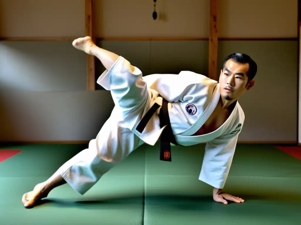 Jigoro Kano demostrando técnicas de Judo en un dojo tradicional, destacando su precisión y dedicación