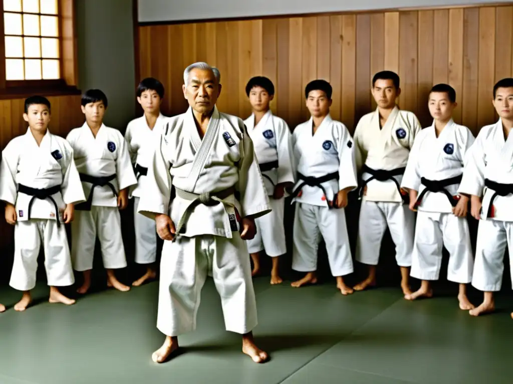 Jigoro Kano enseña técnicas de Judo a sus estudiantes en un dojo japonés, capturando la historia del judo como deporte con disciplina y tradición