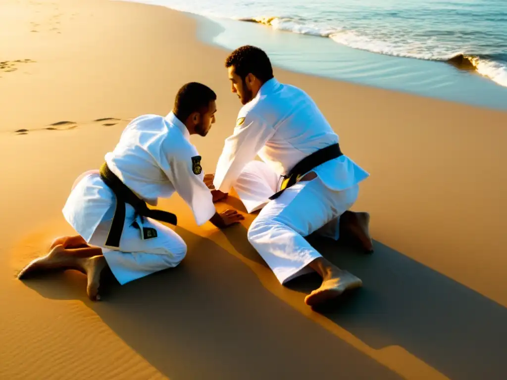 Práctica de JiuJitsu Brasileño al atardecer en la playa de Río de Janeiro, con una atmósfera serena pero enfocada