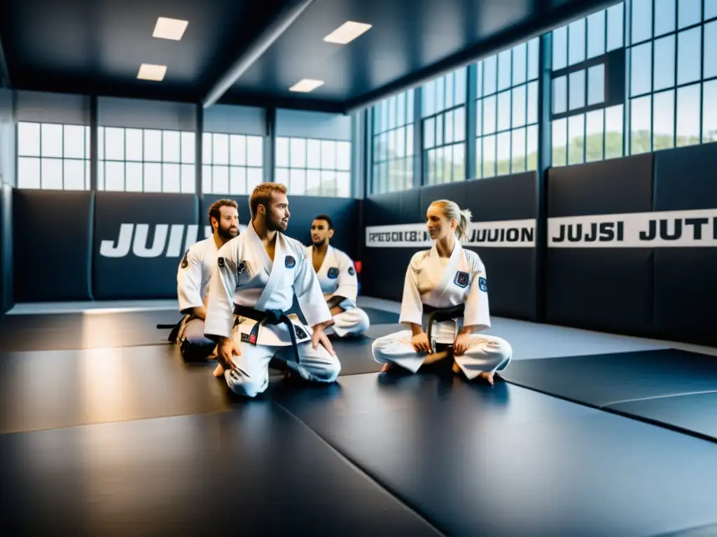 Práctica de JiuJitsu en gimnasio moderno con atletas europeos, equipamiento metálico y arte que muestra la evolución del JiuJitsu en Europa