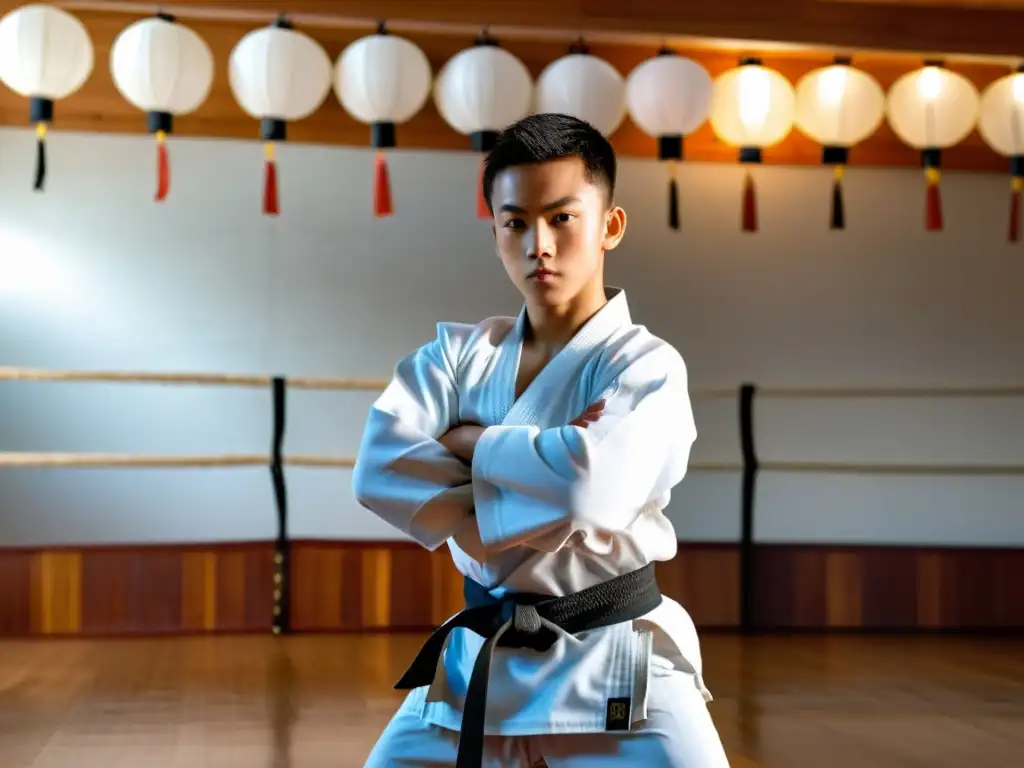 Un joven artista marcial practica con determinación en un dojo, reflejando la disciplina y esfuerzo físico