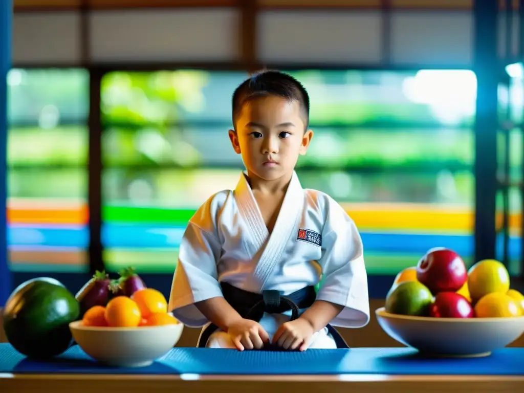 Un joven artista marcial practica en un dojo, rodeado de alimentos frescos y coloridos