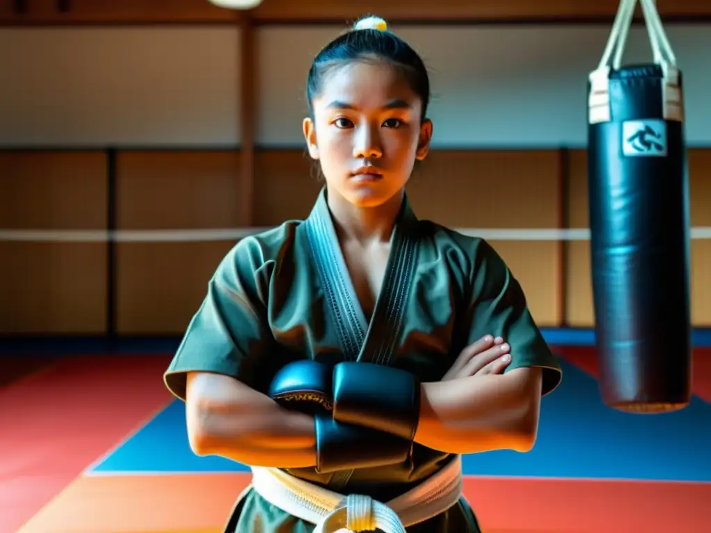 Un joven artista marcial con equipo de seguridad completo en un dojo, mostrando determinación