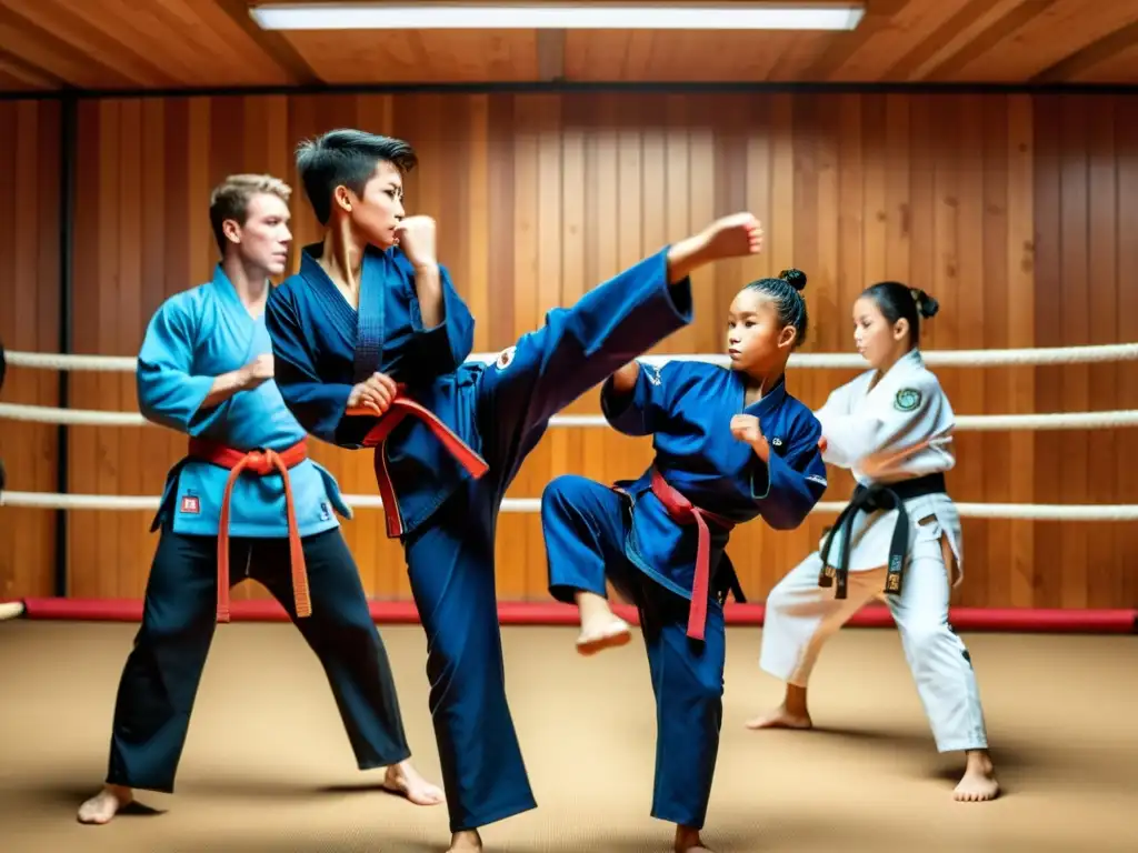 Un joven artista marcial ejecuta un impecable patada giratoria en un dojo lleno de estudiantes concentrados y un instructor alentador