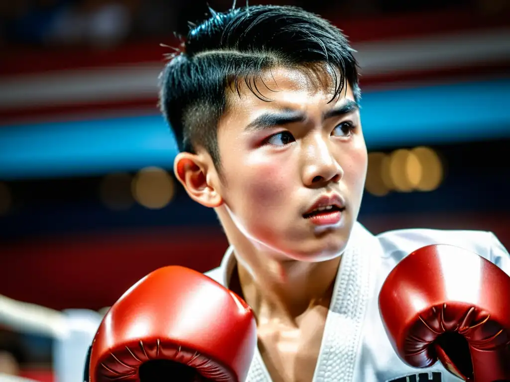 Un joven competidor de Taekwondo se concentra intensamente en su oponente en el ring, con determinación y sudor, listo para un potente golpe