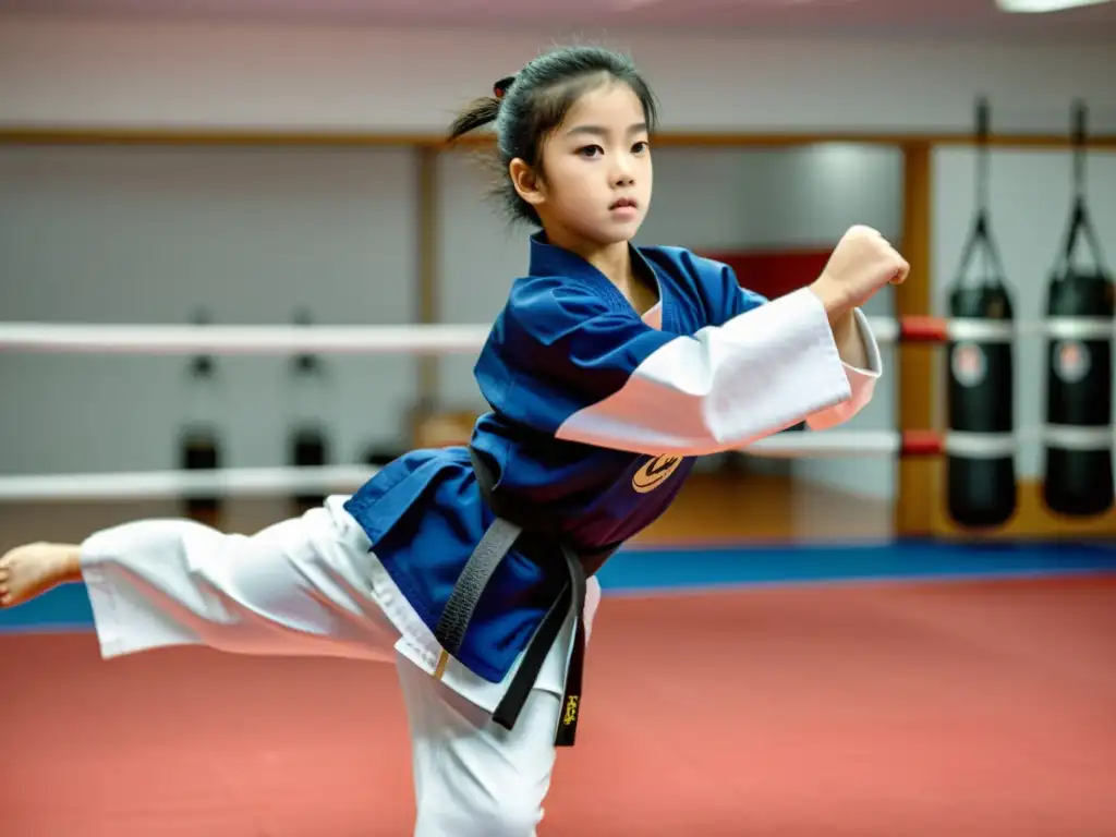 Joven estudiante enfocado practicando taekwondo en un dojo espacioso y bien iluminado, transmitiendo determinación y concentración