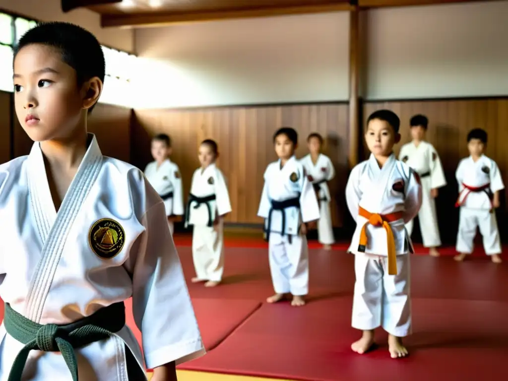 Joven instructor de artes marciales demostrando una forma a niños en un dojo