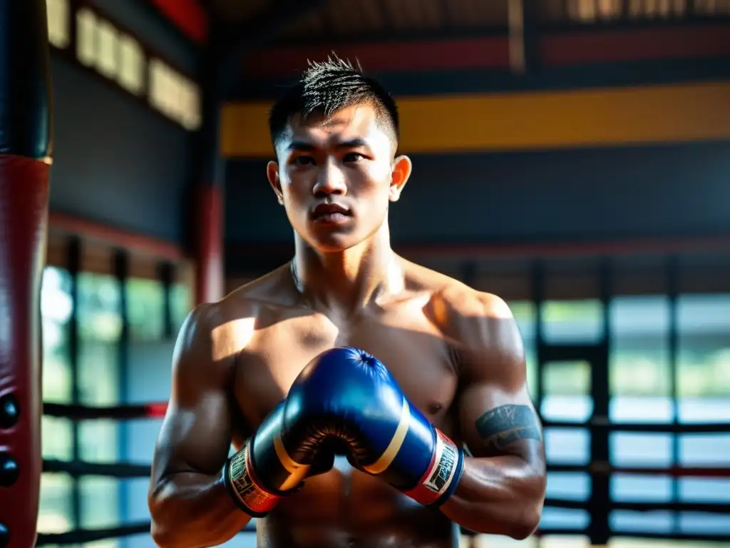 Un joven luchador de Muay Thai, con tatuajes tailandeses, se concentra en el entrenamiento en un gimnasio tradicional tailandés