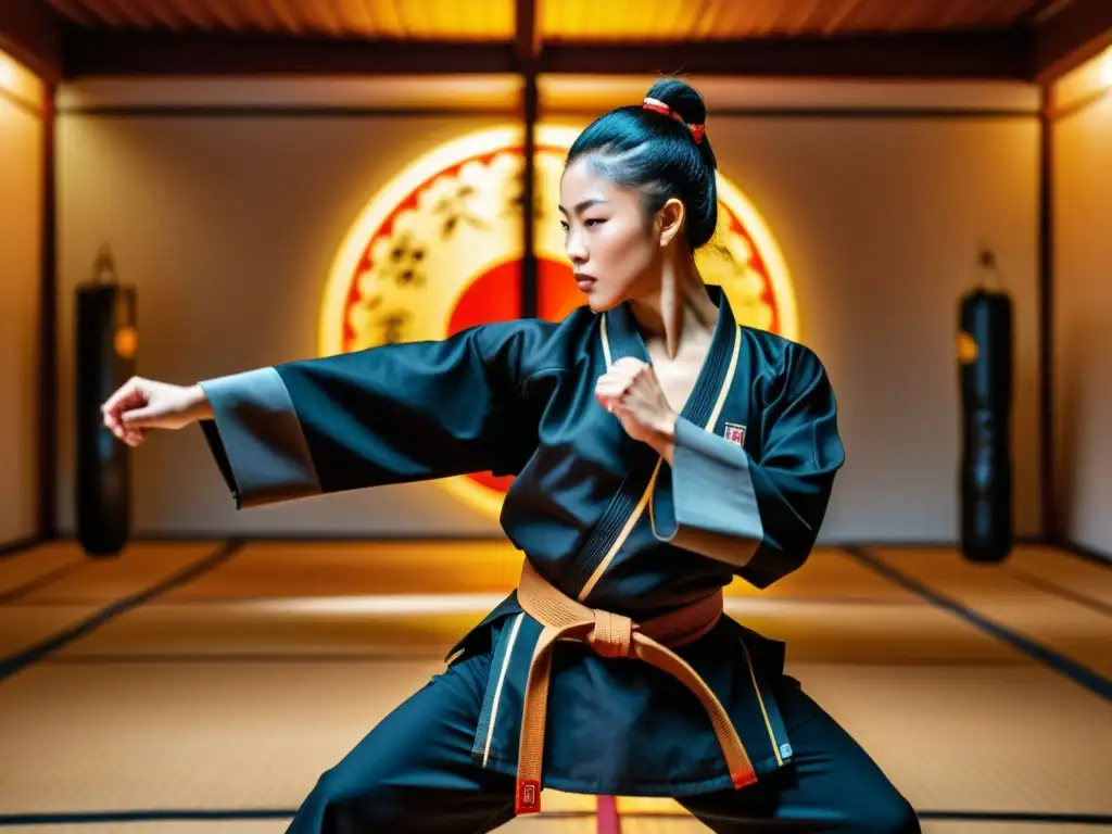 Joven practicante de artes marciales concentrado en el dojo moderno con aplicaciones para fusionar cultura marcial, evocando serenidad y determinación