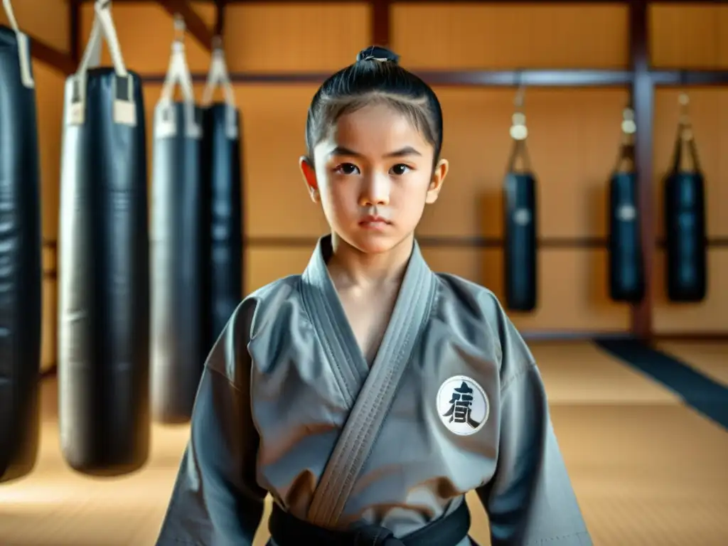 Un joven practicante de artes marciales con ropa oficial, mostrando determinación en un dojo tradicional rodeado de equipo de entrenamiento