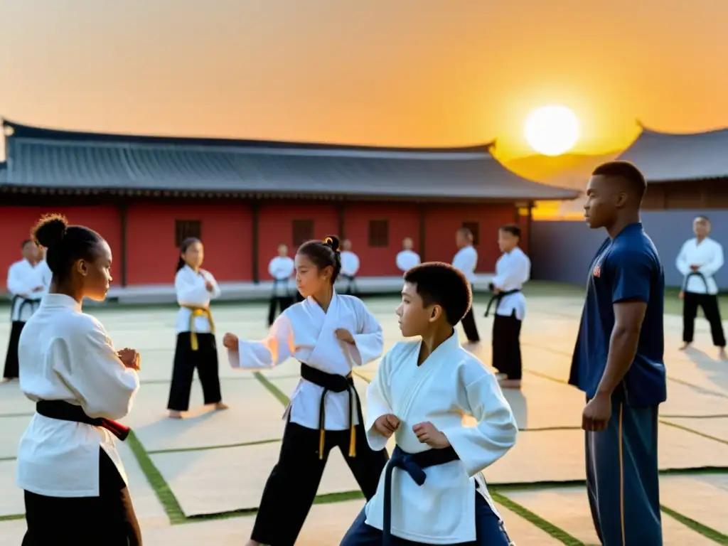 Jóvenes practican artes marciales en barrio marginal al atardecer, reflejando impacto social y esperanza