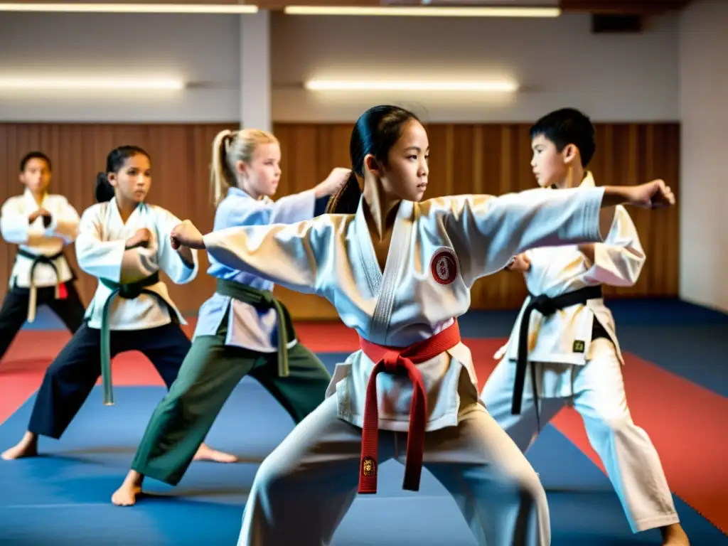 Jóvenes practicando artes marciales en un dojo moderno, transmitiendo determinación y unidad