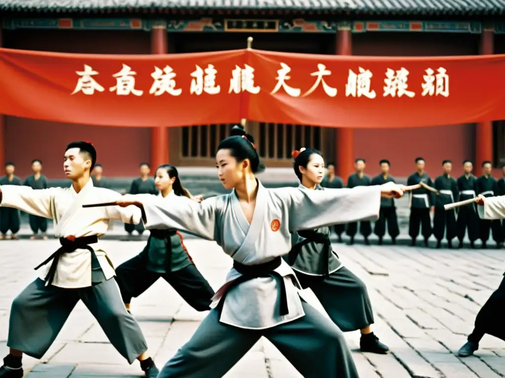 Jóvenes artistas marciales chinos practican en un patio tradicional durante la Revolución Cultural, mostrando determinación y disciplina