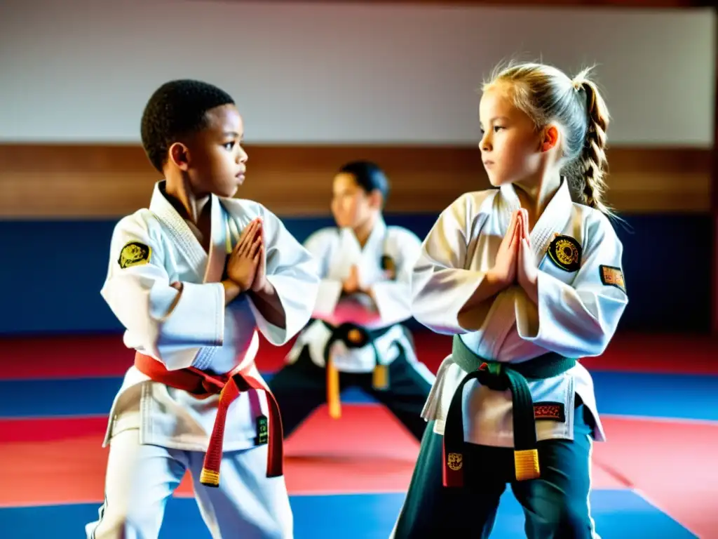 Jóvenes artistas marciales practican con disciplina en un dojo, destacando la importancia del equipo de seguridad para artes marciales infantiles