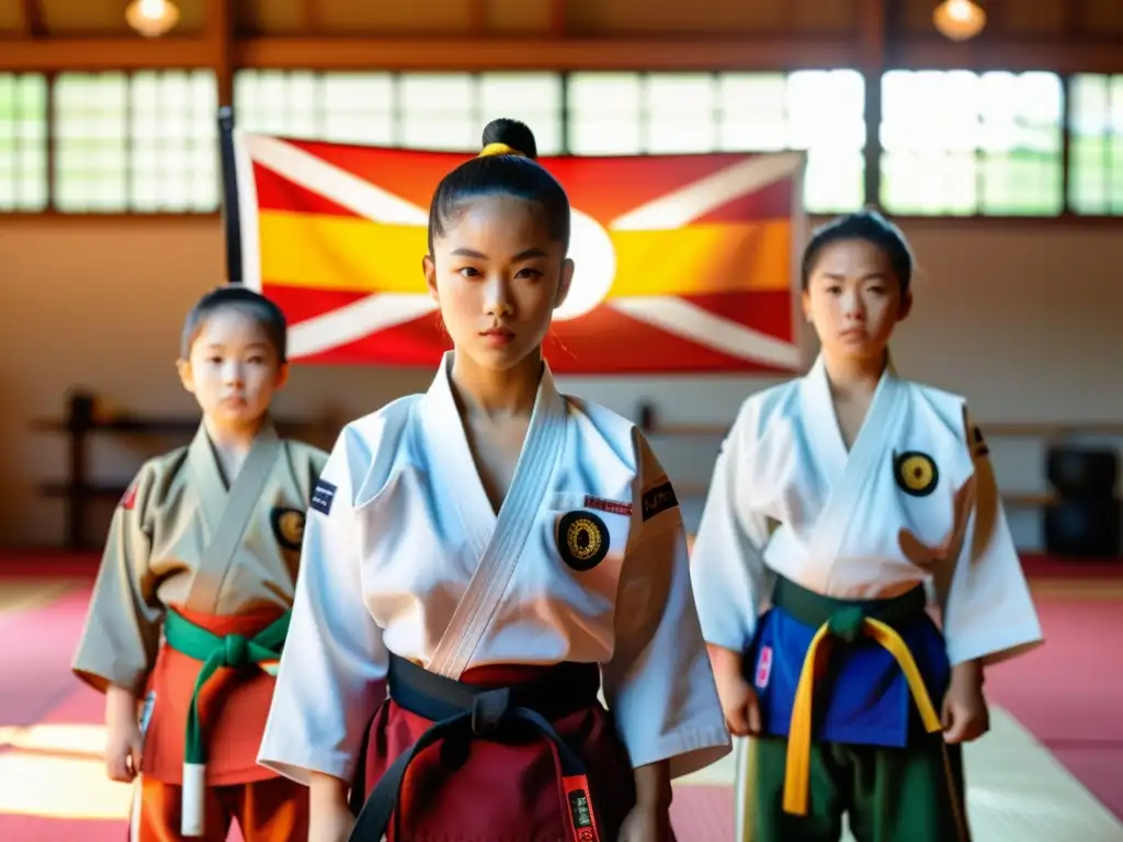 Jóvenes artistas marciales practicando con determinación en un dojo soleado