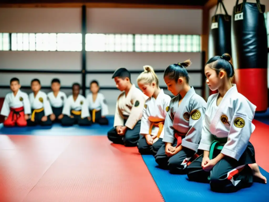 Jóvenes artistas marciales en un dojo iluminado, demostrando espíritu deportivo en una competencia juvenil