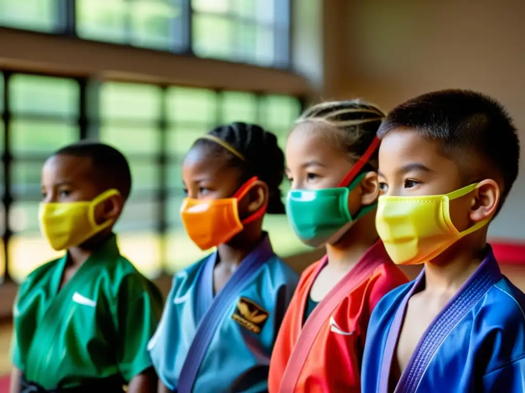 Jóvenes artistas marciales con protectores bucales coloridos se preparan para el combate en un gimnasio lleno de determinación y disciplina