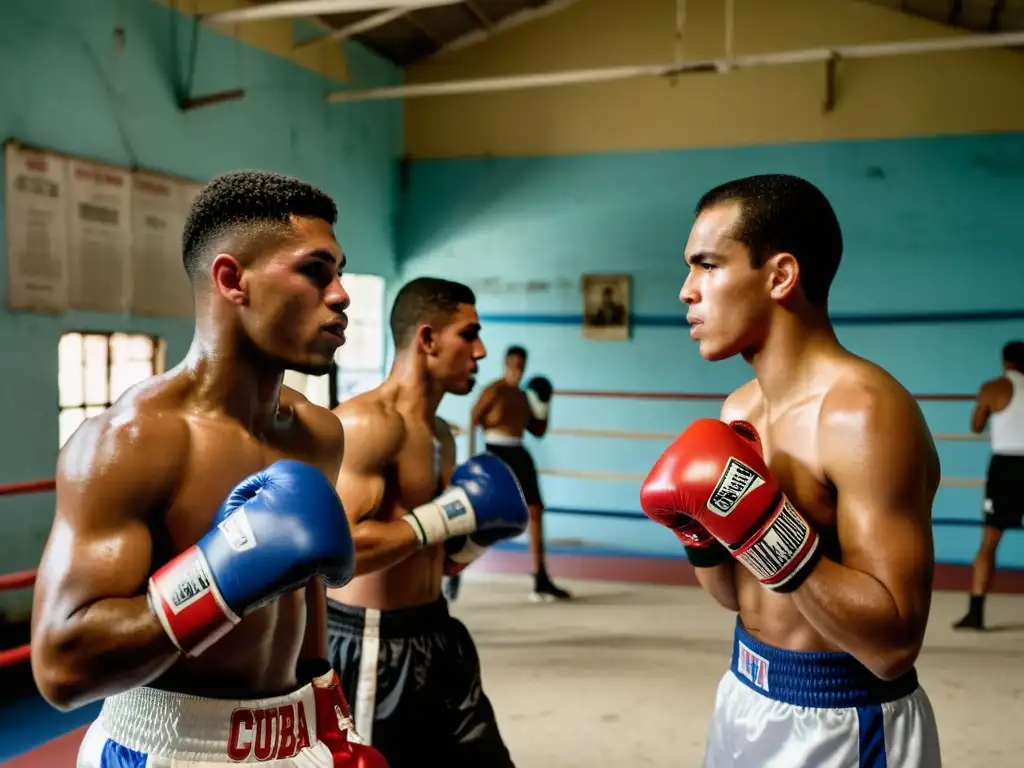 Jóvenes boxeadores cubanos perfeccionando su técnica en un gimnasio de Cuba, con determinación y sudor, rodeados de posters de campeones pasados