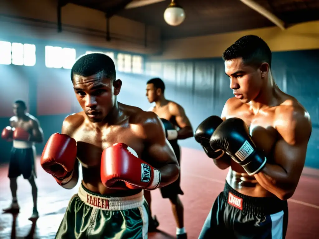 Jóvenes boxeadores perfeccionando su técnica en gimnasios tradicionales de Cuba, rodeados de equipamiento vintage y bolsas de boxeo desgastadas