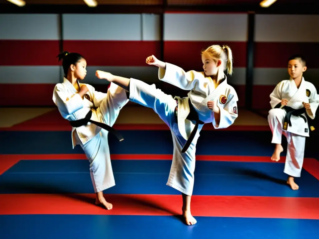 Jóvenes estudiantes de artes marciales practican con determinación en un dojo espacioso, destacando la disciplina física y mental