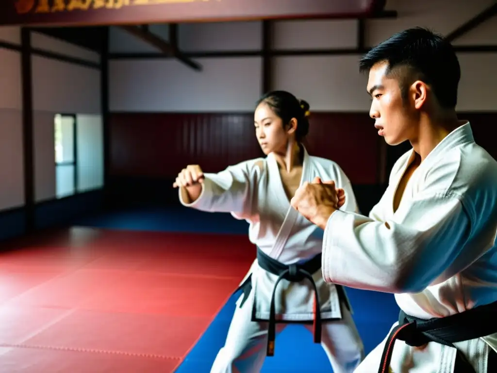 Jóvenes estudiantes practican técnicas de combate en un dojo tradicional, bajo la guía de un instructor