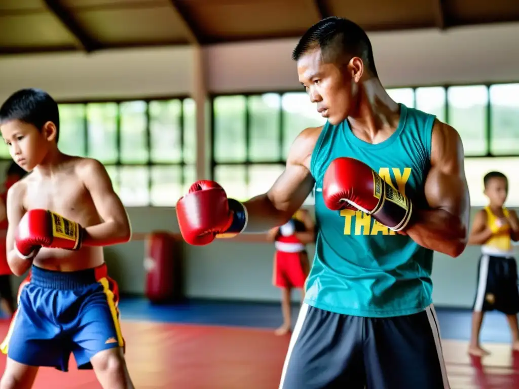 Jóvenes guerreros en entrenamiento de Muay Thai para niños disciplina, guiados por un instructor en un gimnasio iluminado