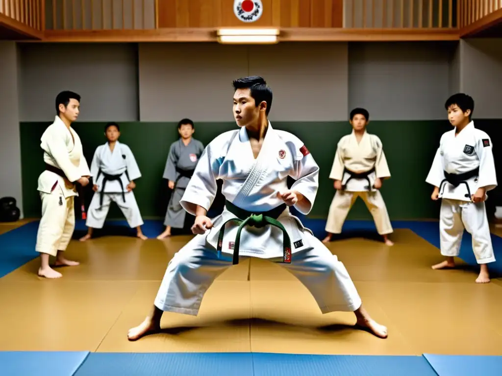 Jóvenes practicando judo en un dojo tradicional en Japón, mostrando la influencia del Judo en Japón con disciplina y precisión en los movimientos