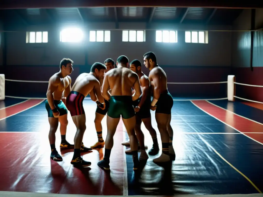 Jóvenes luchadores búlgaros entrenando intensamente en un gimnasio, persiguiendo la gloria olímpica