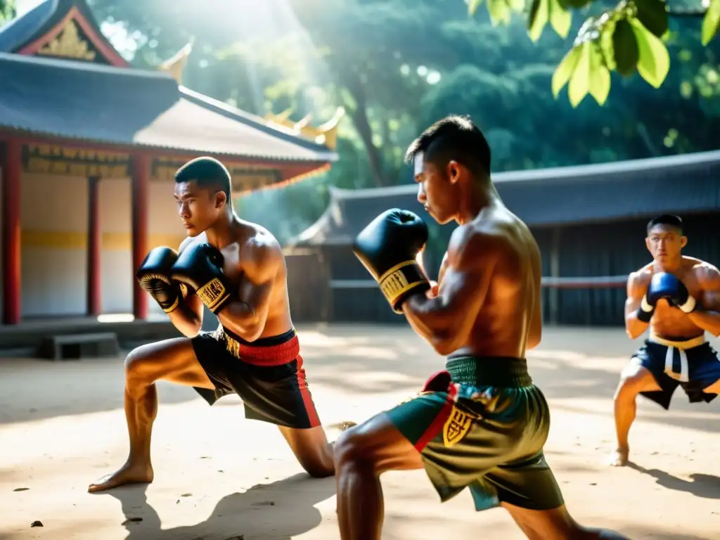 Jóvenes luchadores en un campamento de entrenamiento de Muay Thai, demostrando determinación y disciplina