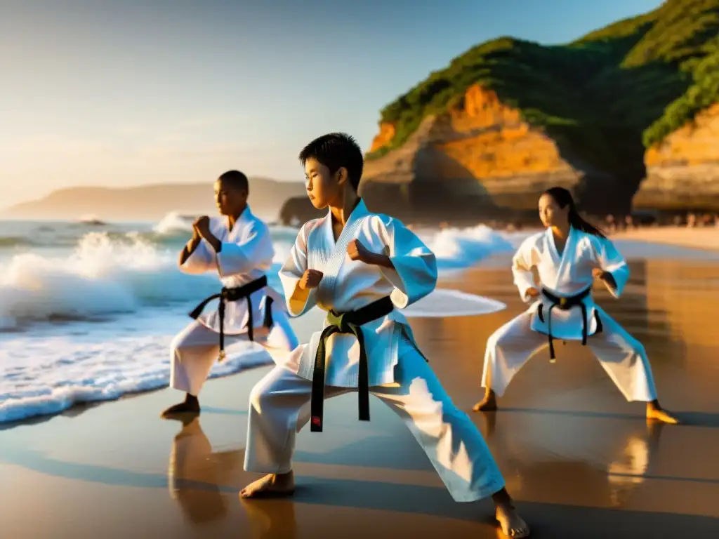 Jóvenes practicantes de artes marciales en la playa al amanecer, en un campamento de artes marciales internacionales