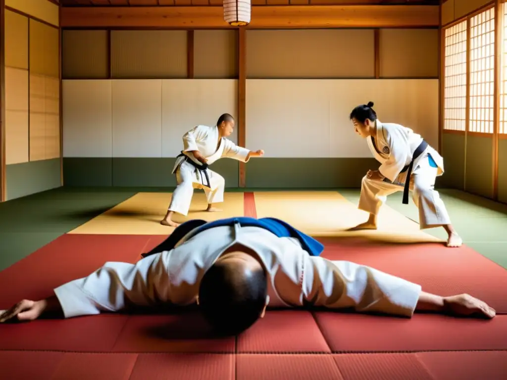 Jóvenes practicantes de judo ejecutan un lanzamiento sincronizado en un dojo japonés, rodeados de tradición y disciplina