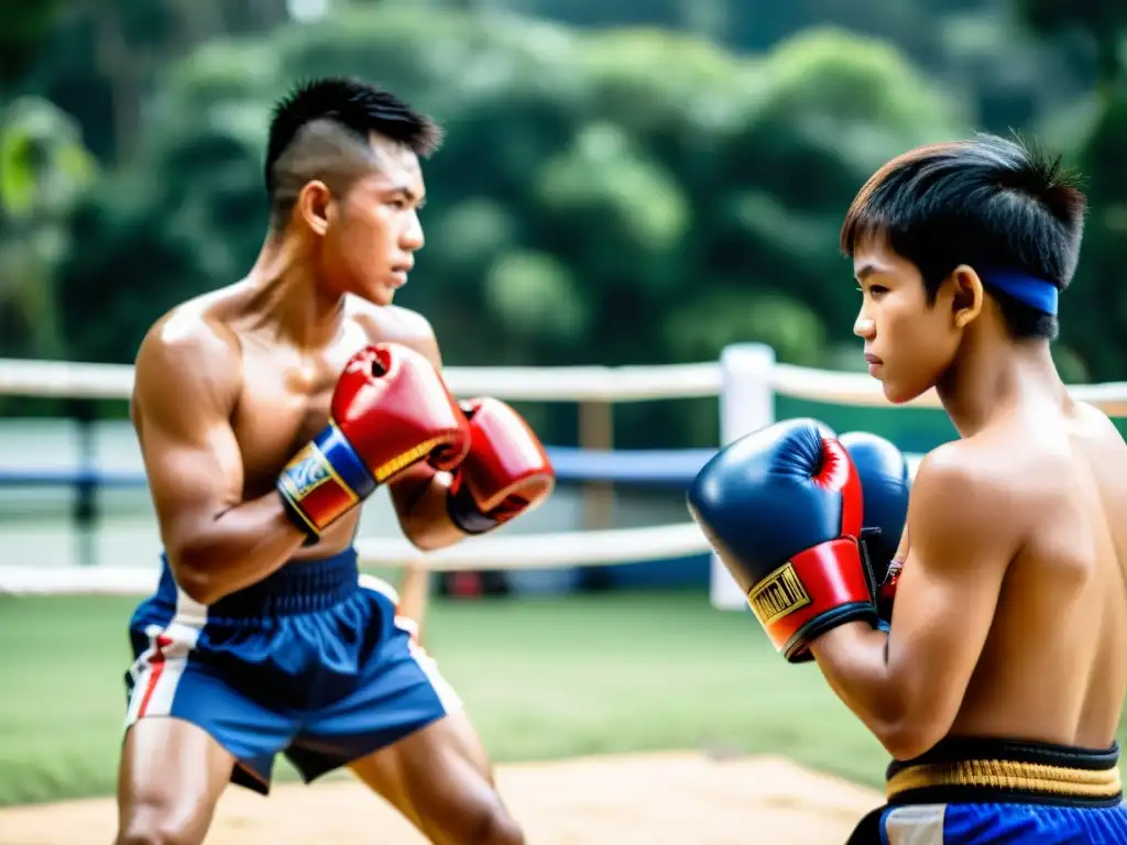 Jóvenes practicantes de Muay Thai en un entorno natural, concentrados y determinados