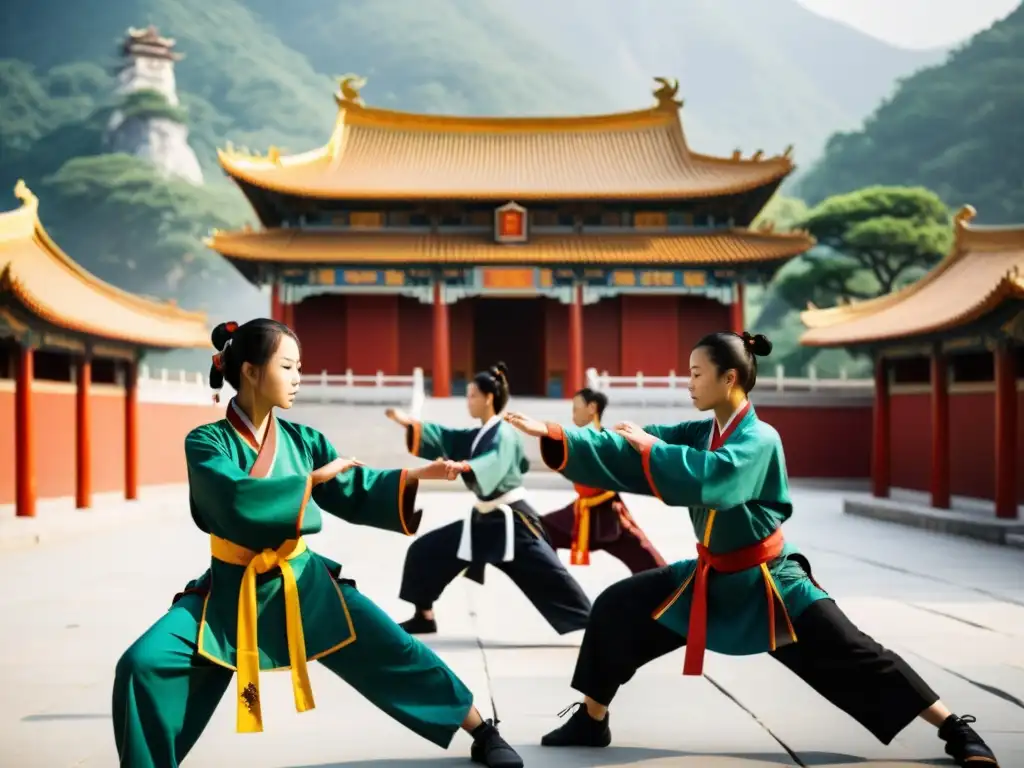 Jóvenes practicantes de Kung Fu en un templo de montaña, transmitiendo dedicación y disciplina en sus primeros pasos en Kung Fu