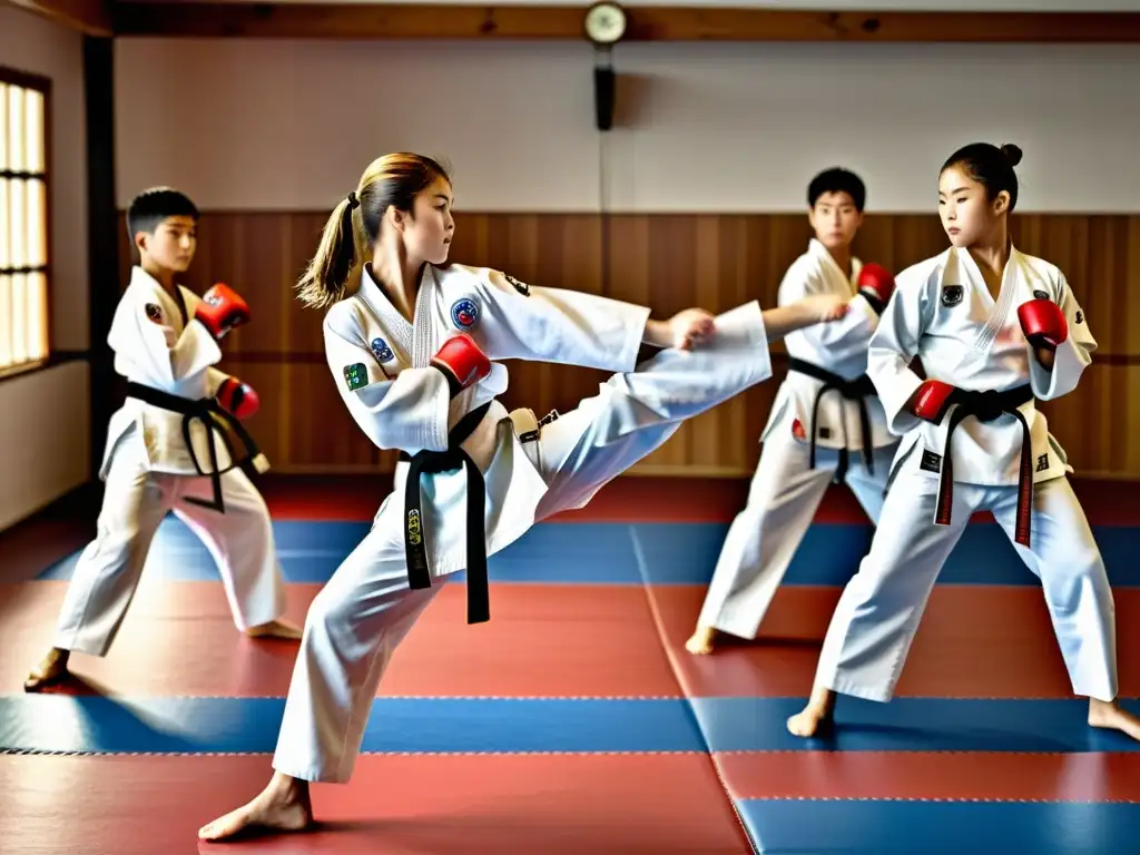 Jóvenes taekwondistas practicando con concentración en un dojo luminoso, preparándose para su primer torneo de Taekwondo