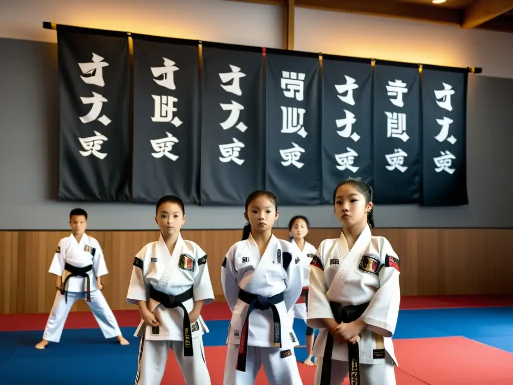 Jóvenes taekwondistas practican patadas sincronizadas en el dojang, mostrando determinación y disciplina