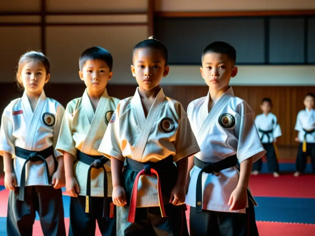 Jóvenes en uniformes de artes marciales practicando posturas, guiados por un sensei