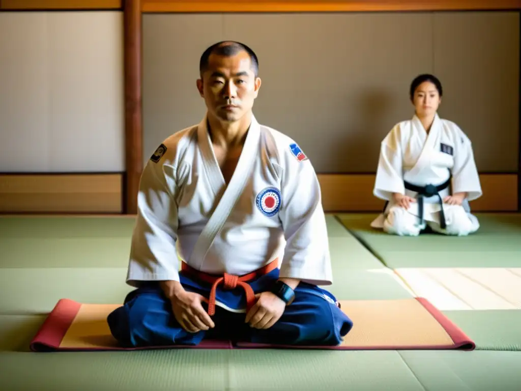 Práctica de judo tradicional en un dojo japonés, con el sensei guiando la demostración