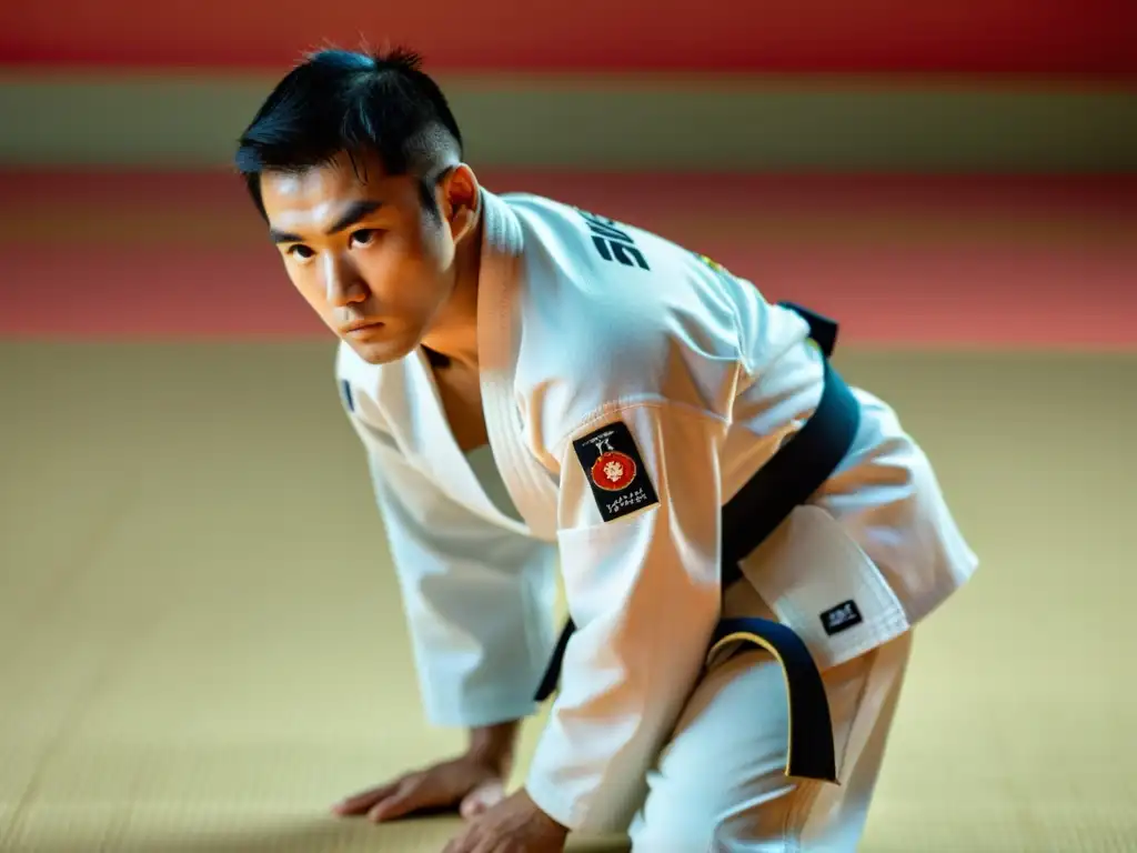 Un judoca con el mejor gi blanco, listo para competir con determinación y habilidad en el tatami