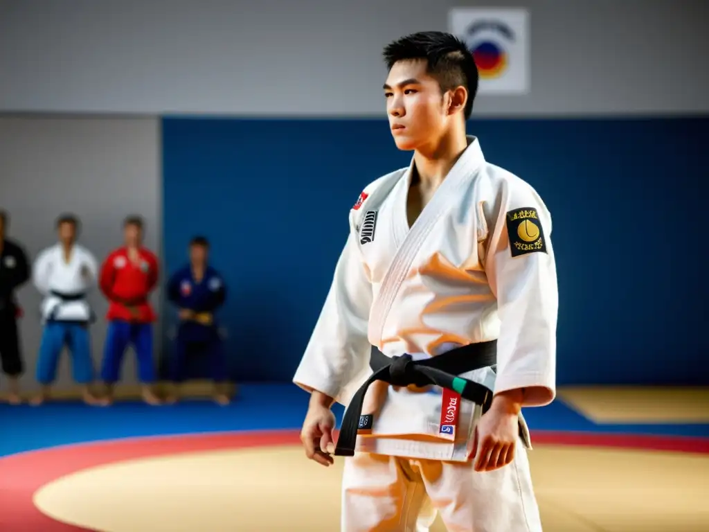 Un judoca con el mejor gi de judo compite en un tatami, rodeado de atletas enfocados