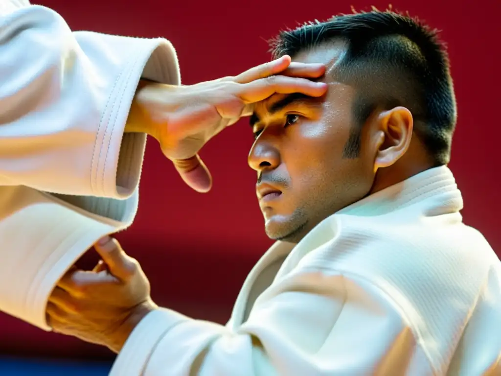 Un judoca se prepara para ejecutar una perfecta técnica de judo, mostrando determinación en sus ojos y firme agarre al gi de su oponente