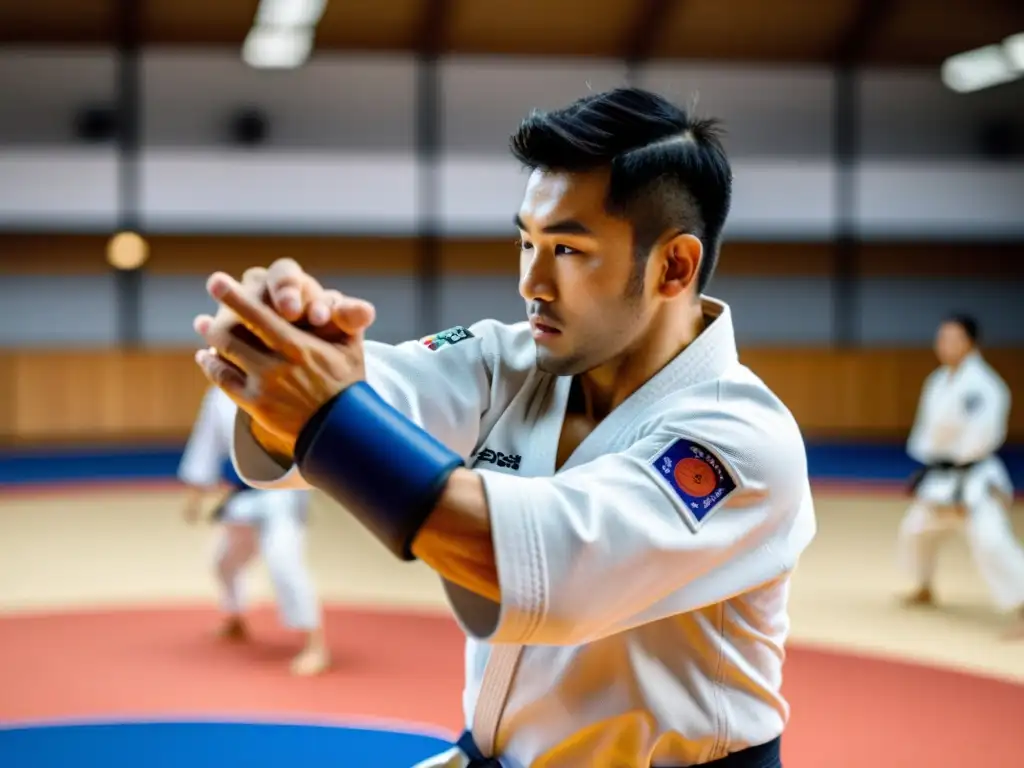 Un judoca usando tecnología wearable para perfeccionar judo realiza un lanzamiento perfecto en un dojo tradicional