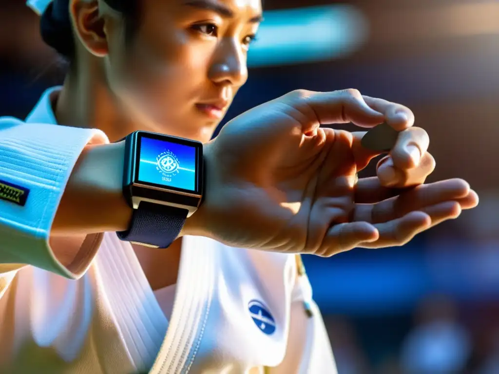 Un judoca con tecnología wearable perfeccionando su técnica de judo, fusionando tradición e innovación