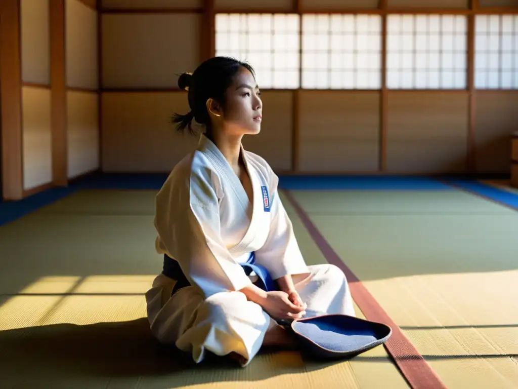 Un judoca descansa en un tranquilo dojo, determinación en su rostro mientras bebe de su botella de agua