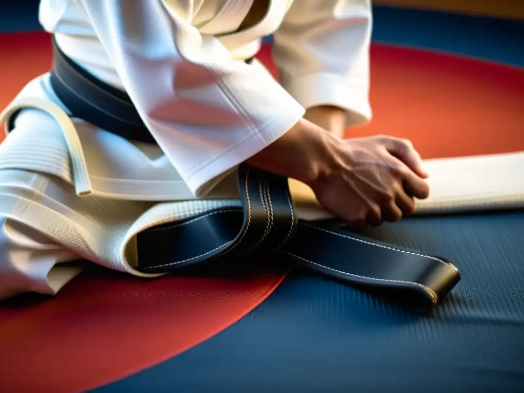 Un judoka anuda con determinación su cinturón blanco antes de entrenamiento en técnicas de Judo