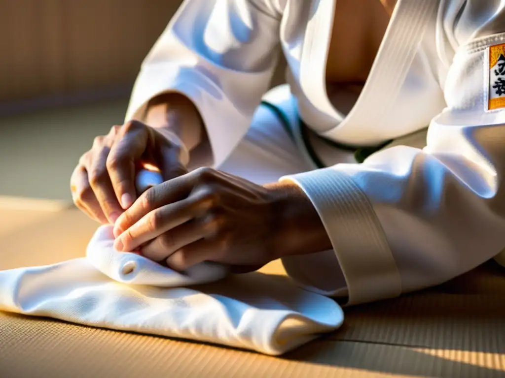 Un judoka cuidadoso prepara su kimono blanco con meticulosidad